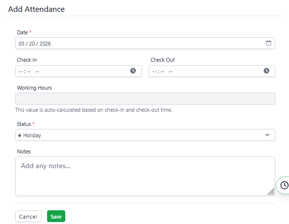 Attendance form for daily check-in records