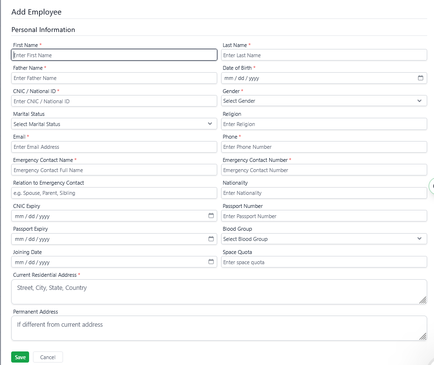 Add employee form with personal information fields
