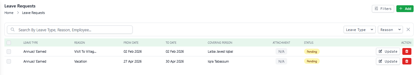 Leave requests listing with status tracking
