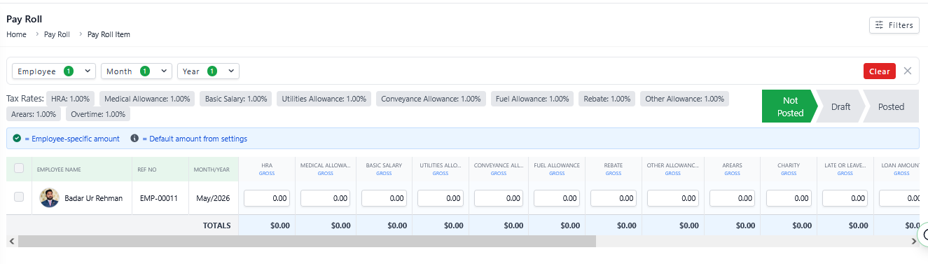 Payroll listing with allowances and posting status