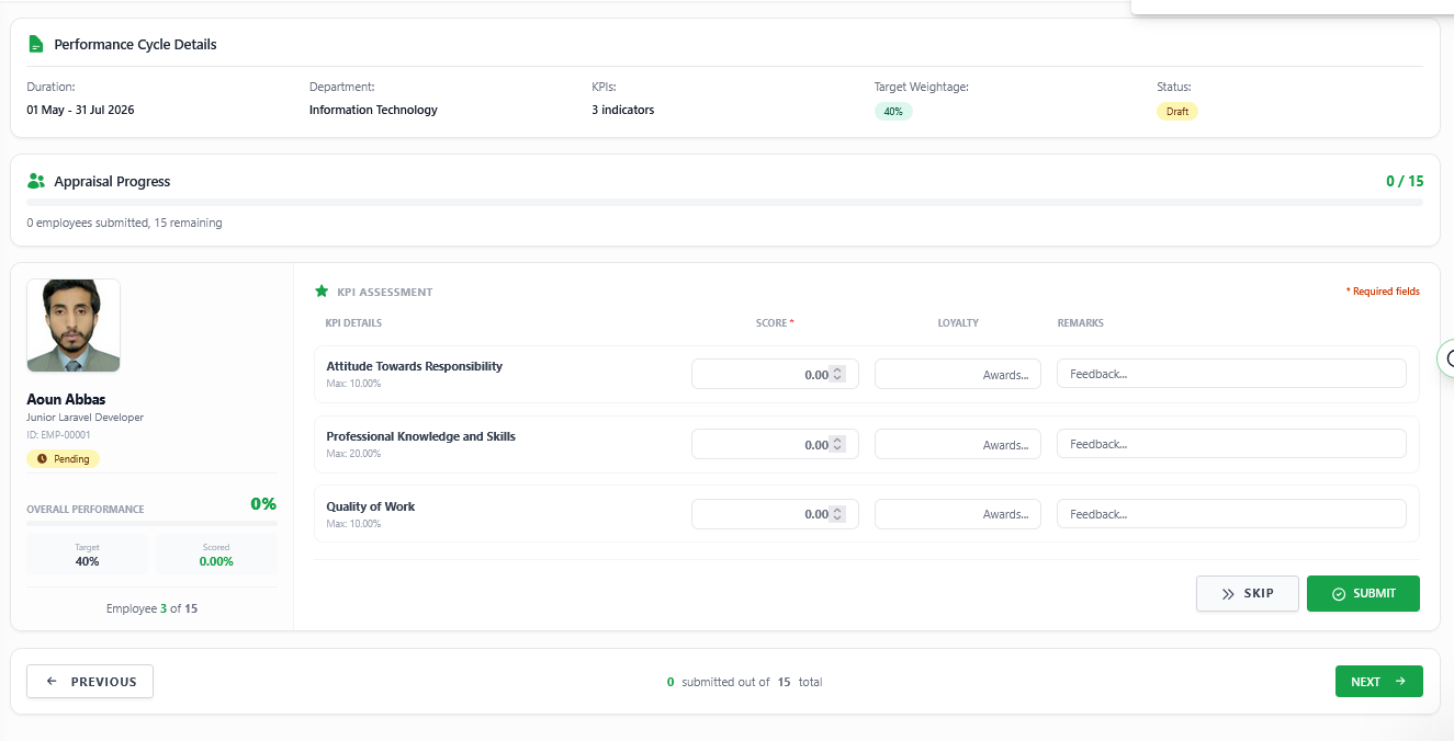 Performance cycle details with KPI assessment