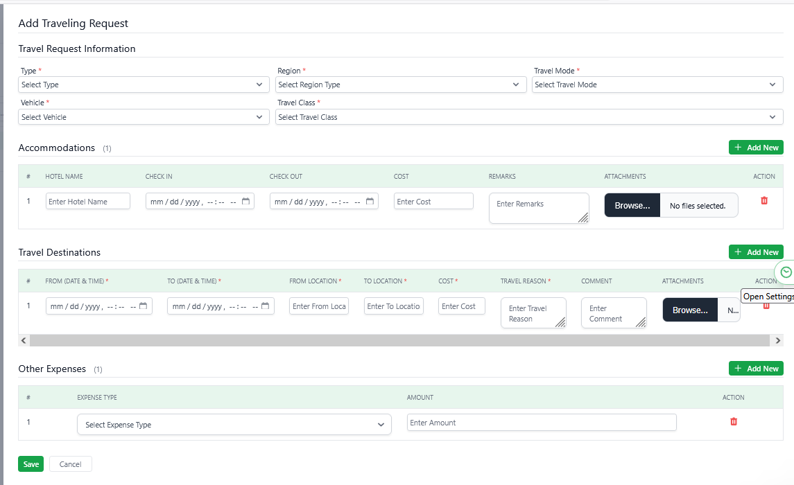 Travel request form